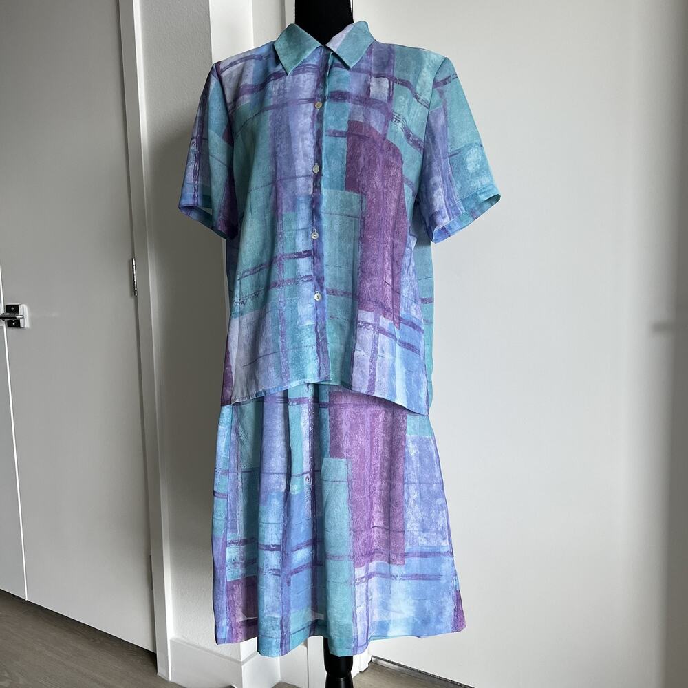 Vintage Koret Shirt Skirt Set Womens 14 Purple Blue Green Geometric Midi 90s